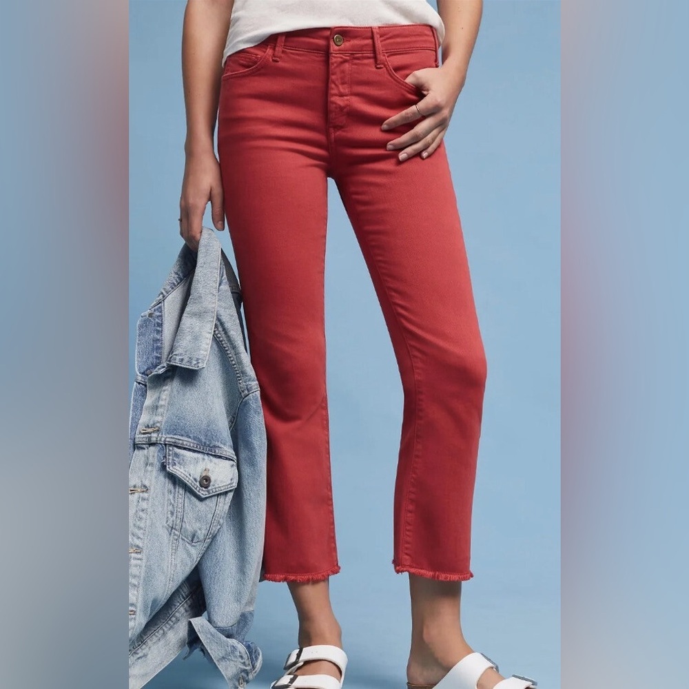 Pilcro And The Letterpress Pants Womens 29 Red Script Cropped Raw Hem Boho Denim
